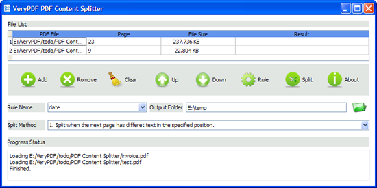 main interface of PDF Page Content Splitter
